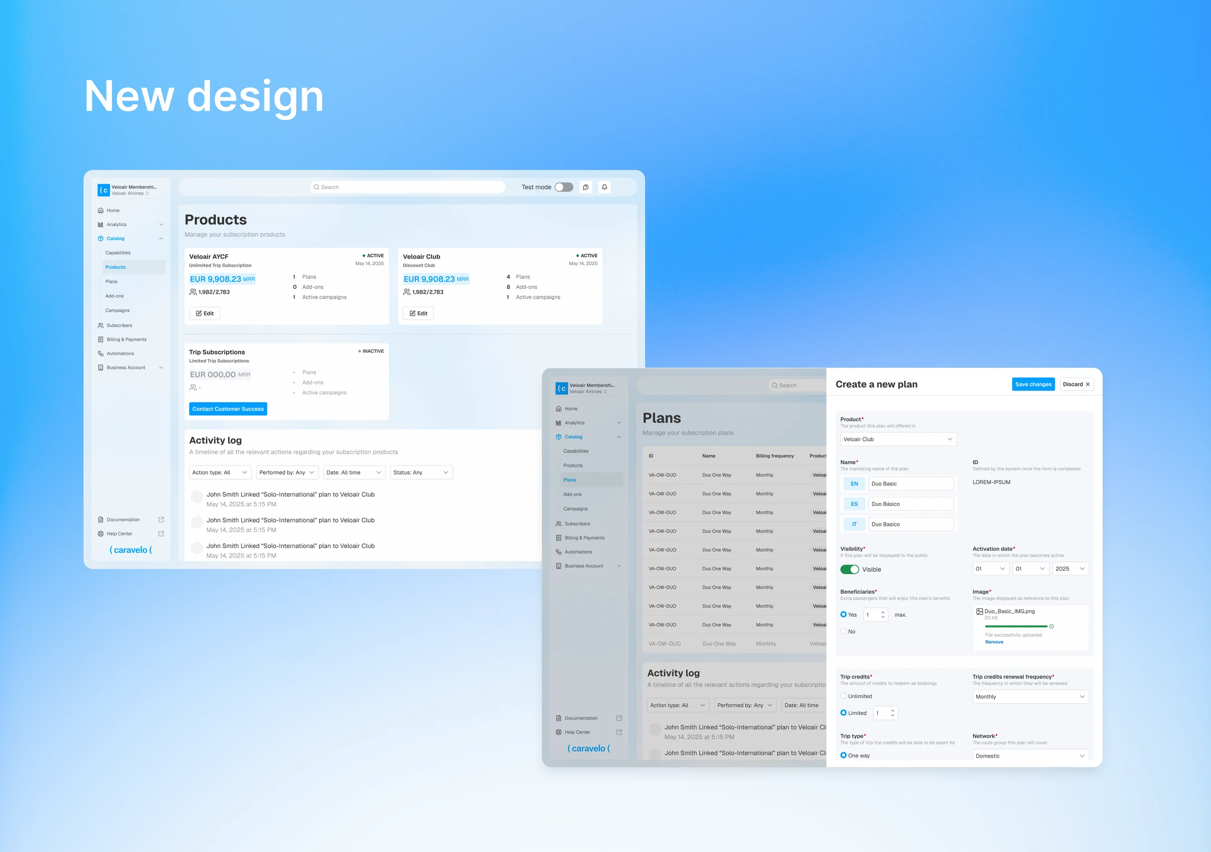 New design: the Products page and Plans page with a create-a-new-plan side panel.